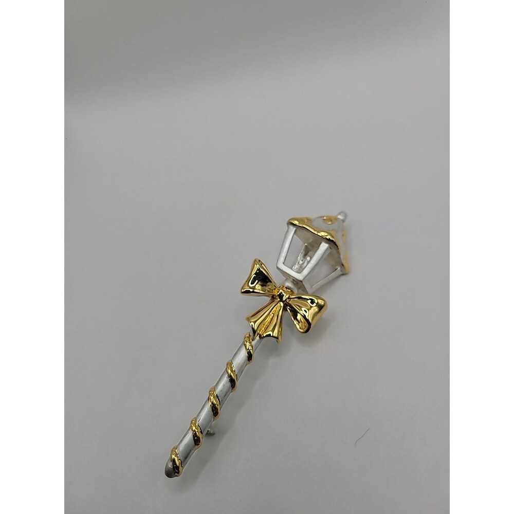 Vintage AJC‎ Christmas Lamp Post Candy Cane Brooch Gold Bow Holiday Pin Jewelry